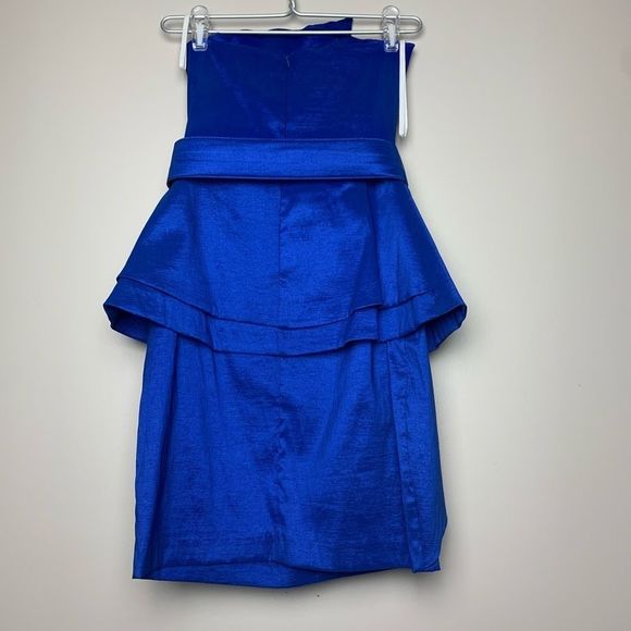 Y2K Va Va Voom Electric Blue Mini Dress Asymmetric Peplum Belted Strapless Sz M - Picture 6 of 7